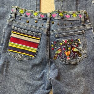 Acorn Jeans. Colorful bootcut embroidered embellished Peacock’s size 2(27-28)